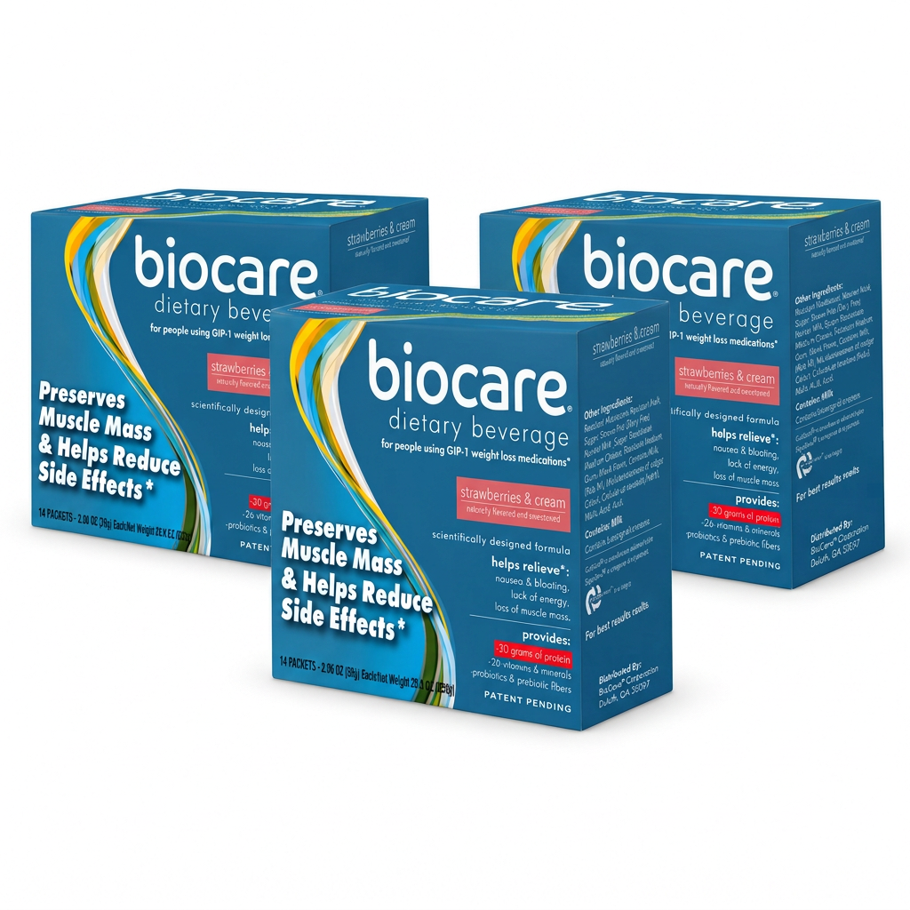 BioCare Strawberries & Cream Beverage GLP-1 Support | 30g Protein | 3 Boxes, 42 Total Servings