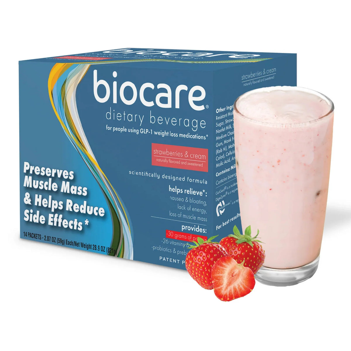 BioCare Strawberries & Cream Beverage GLP-1 Support | 30g Protein | 14 Count