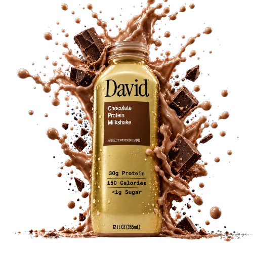 David 30g High-Protein Chocolate Milkshake (1 bottle) partially unwrapped