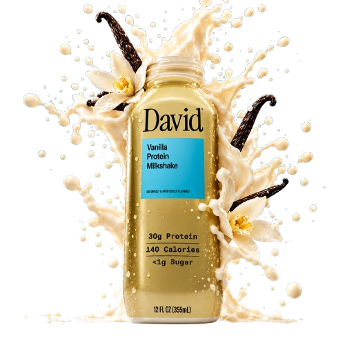 David 30g High-Protein Vanilla Milkshake (1 bottle) partially unwrapped