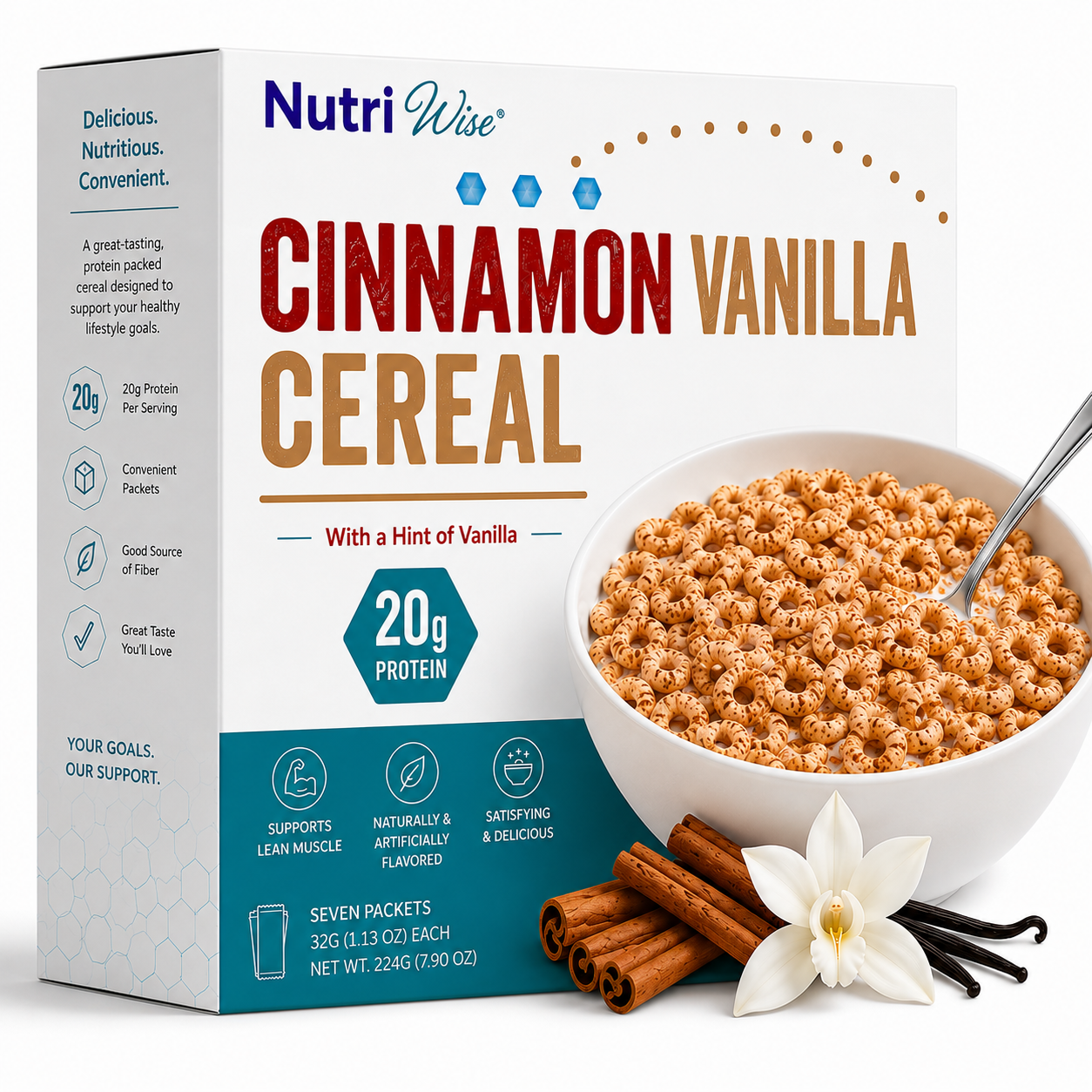 NutriWise Cinnamon Vanilla Cereal | High-Protein Breakfast (7ct)