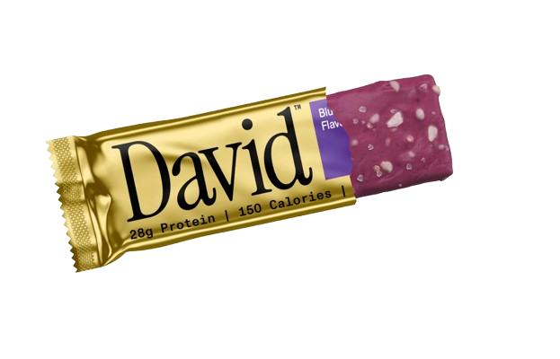 David Bars 28g High-Protein | Blueberry Pie Bar (12ct) partially unwrapped