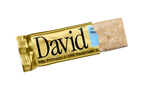 David Bars 28g High-Protein | Cinnamon Roll Bar (1ct) partially unwrapped