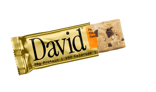 David Bars 28g High-Protein | Peanut Butter Chocolate Chunk (12ct) partially unwrapped