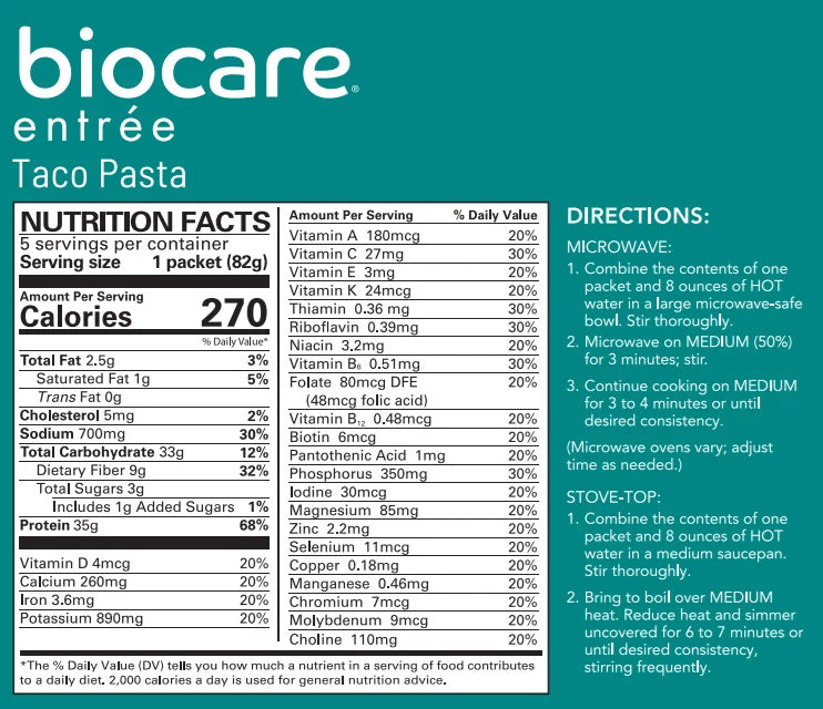 BioCare Taco Pasta Entree GLP-1 Support | 35g Protein | 3 Boxes, 15 Total Servings