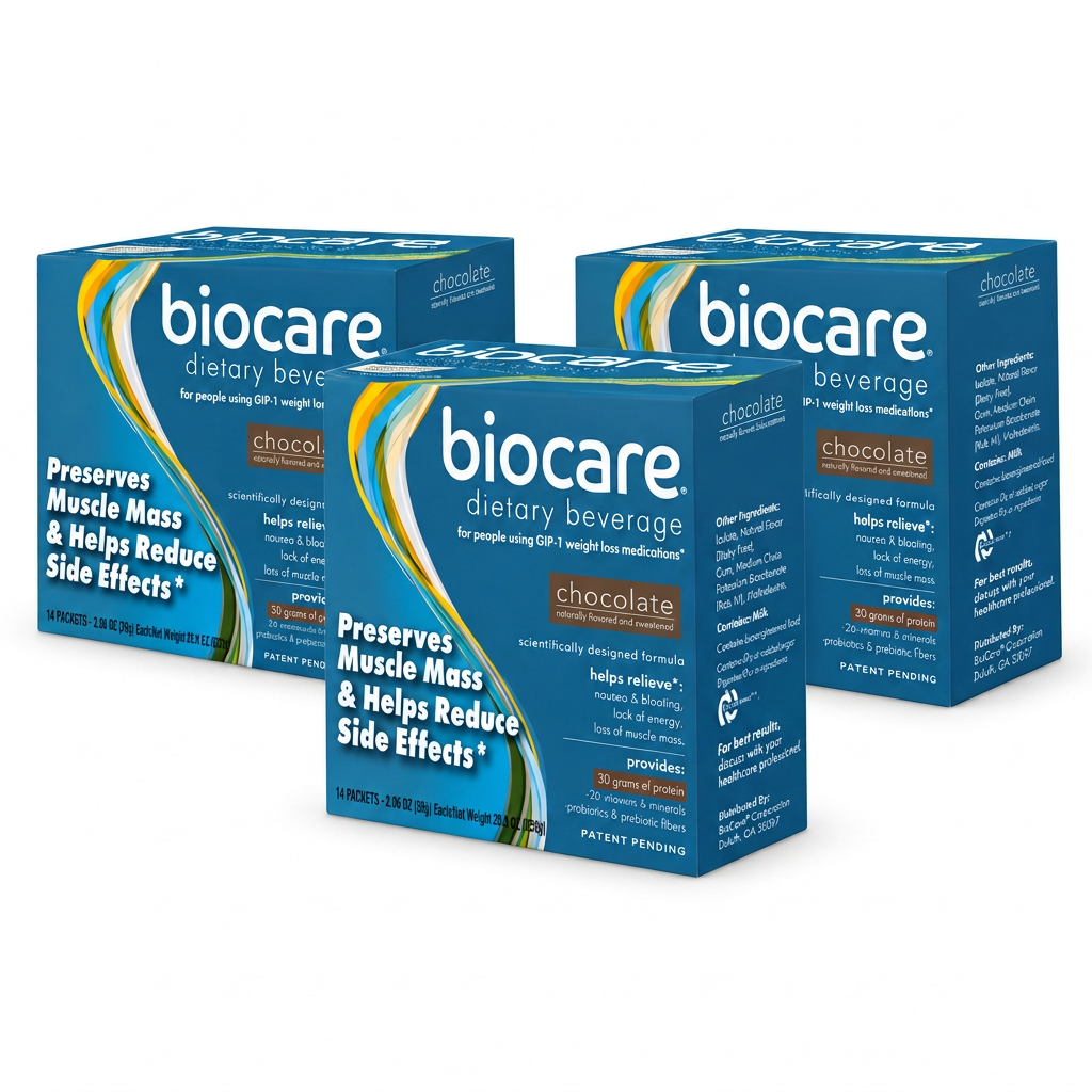 BioCare Chocolate Beverage GLP-1 Support | 30g Protein | 3 Boxes, 42 Total Servings