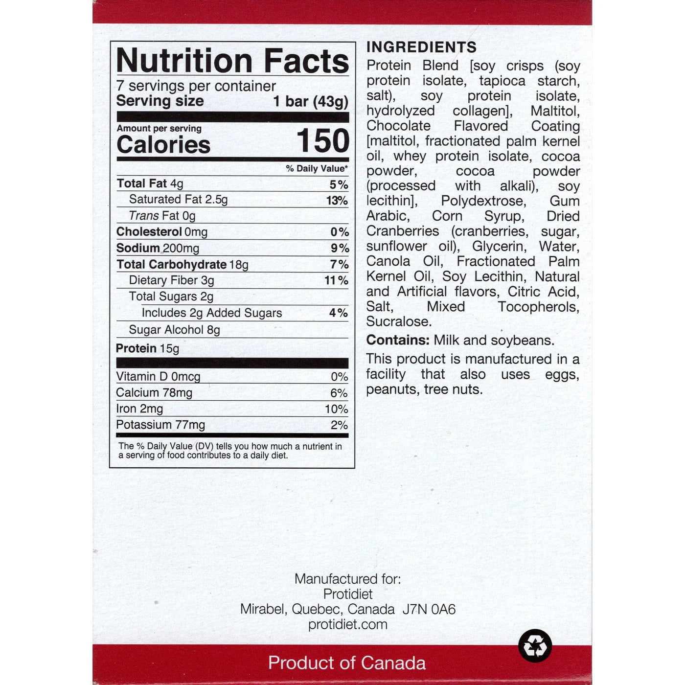 ProtiDIET Raspberry Dark Chocolate Bar (7ct)