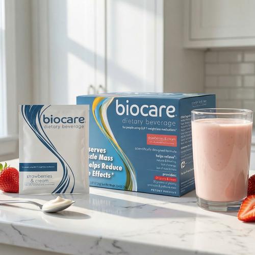 BioCare Strawberries & Cream Beverage GLP-1 Support | 30g Protein | 3 Boxes, 42 Total Servings